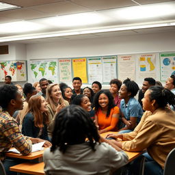 An insightful classroom setting where a diverse group of enthusiastic young adults is engaged in a lively discussion about their role in nation building