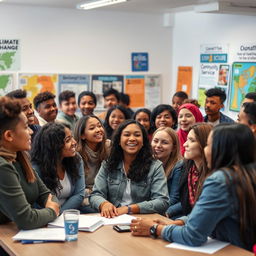 An insightful classroom setting where a diverse group of enthusiastic young adults is engaged in a lively discussion about their role in nation building