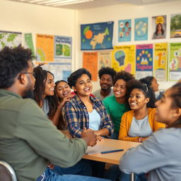 An insightful classroom setting where a diverse group of enthusiastic young adults is engaged in a lively discussion about their role in nation building
