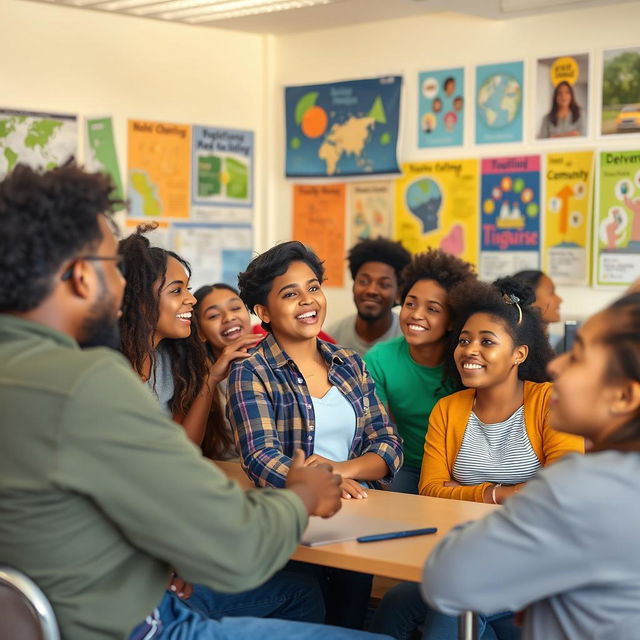 An insightful classroom setting where a diverse group of enthusiastic young adults is engaged in a lively discussion about their role in nation building