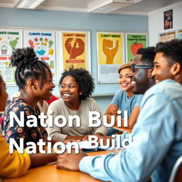 An insightful classroom setting where a diverse group of enthusiastic young adults is engaged in a lively discussion about their role in nation building