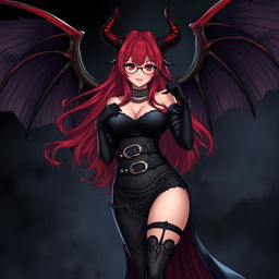 An alluring sexy gothic witch anime girl with captivating demonic wings and striking horns, showcasing long, flowing red hair and curvaceous body