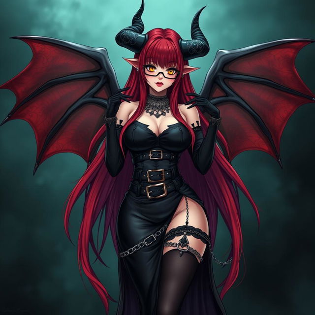 An alluring sexy gothic witch anime girl with captivating demonic wings and striking horns, showcasing long, flowing red hair and curvaceous body