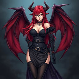 An alluring sexy gothic witch anime girl with captivating demonic wings and striking horns, showcasing long, flowing red hair and curvaceous body