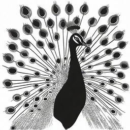 An alternate high-quality image of a peacock, rendered in black and white using a sharpie marker