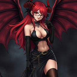 A captivating sexy gothic witch anime girl with enchanting demonic wings and distinct horns, showcasing long, flowing red hair and stunning, voluptuous curves