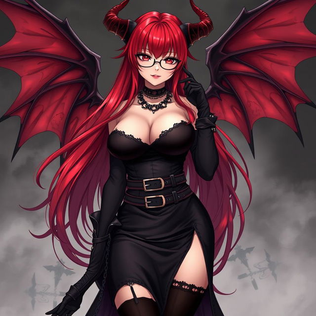 A captivating sexy gothic witch anime girl with enchanting demonic wings and distinct horns, showcasing long, flowing red hair and stunning, voluptuous curves