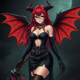 A captivating sexy gothic witch anime girl with enchanting demonic wings and distinct horns, showcasing long, flowing red hair and stunning, voluptuous curves