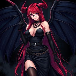 A captivating sexy gothic witch anime girl with enchanting demonic wings and distinct horns, showcasing long, flowing red hair and stunning, voluptuous curves