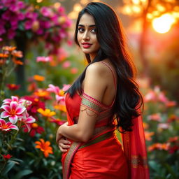 A beautiful Indian woman with an hourglass figure, accentuating her curves, wearing a vibrant traditional saree that elegantly drapes around her body, with intricate patterns and colorful embroidery