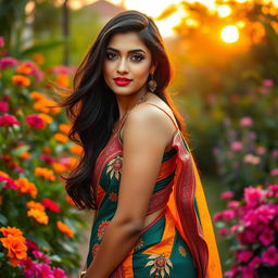 A beautiful Indian woman with an hourglass figure, accentuating her curves, wearing a vibrant traditional saree that elegantly drapes around her body, with intricate patterns and colorful embroidery