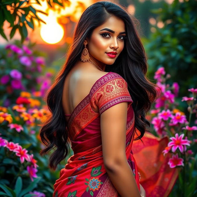 A beautiful Indian woman with an hourglass figure, accentuating her curves, wearing a vibrant traditional saree that elegantly drapes around her body, with intricate patterns and colorful embroidery