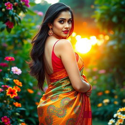 A beautiful Indian woman with an hourglass figure, accentuating her curves, wearing a vibrant traditional saree that elegantly drapes around her body, with intricate patterns and colorful embroidery
