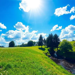 A serene landscape featuring a vibrant blue sky filled with fluffy white clouds gently drifting by