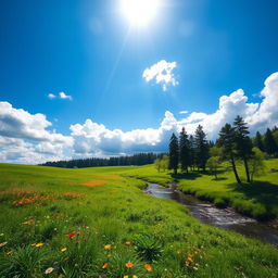 A serene landscape featuring a vibrant blue sky filled with fluffy white clouds gently drifting by