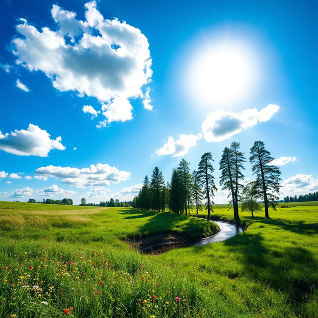 A serene landscape featuring a vibrant blue sky filled with fluffy white clouds gently drifting by