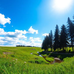 A serene landscape featuring a vibrant blue sky filled with fluffy white clouds gently drifting by