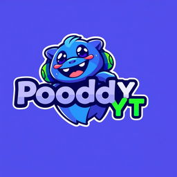 A unique and creative gaming logo for 'Poodo YT', incorporating a playful character that resembles a friendly cartoonish creature, with a vibrant color palette of blues, purples, and greens