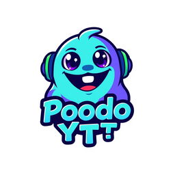 A unique and creative gaming logo for 'Poodo YT', incorporating a playful character that resembles a friendly cartoonish creature, with a vibrant color palette of blues, purples, and greens