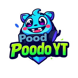 A unique and creative gaming logo for 'Poodo YT', incorporating a playful character that resembles a friendly cartoonish creature, with a vibrant color palette of blues, purples, and greens
