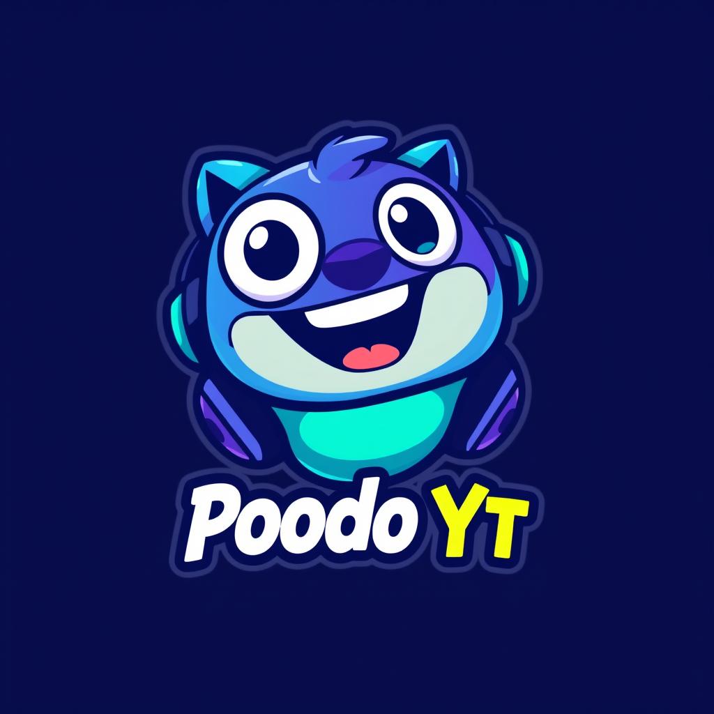 A unique and creative gaming logo for 'Poodo YT', incorporating a playful character that resembles a friendly cartoonish creature, with a vibrant color palette of blues, purples, and greens