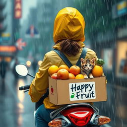 A vibrant scene depicting a woman wearing a raincoat riding a motorcycle, transporting a box of fruits labeled 'Happy Fruit' on the back