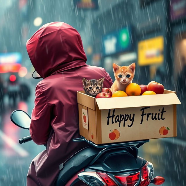 A vibrant scene depicting a woman wearing a raincoat riding a motorcycle, transporting a box of fruits labeled 'Happy Fruit' on the back