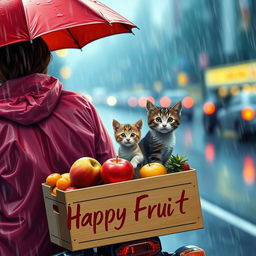 A vibrant scene depicting a woman wearing a raincoat riding a motorcycle, transporting a box of fruits labeled 'Happy Fruit' on the back