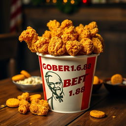 A deliciously styled bucket of KFC fried chicken overflowing with crispy, golden pieces