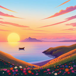 A vibrant, stylized digital drawing of a serene coastal landscape at sunset, featuring a calm sea reflecting hues of orange, pink, and purple in the sky
