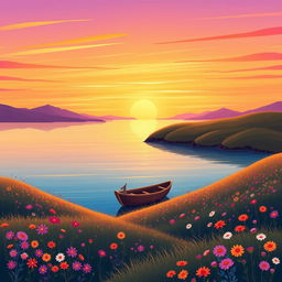 A vibrant, stylized digital drawing of a serene coastal landscape at sunset, featuring a calm sea reflecting hues of orange, pink, and purple in the sky