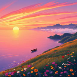 A vibrant, stylized digital drawing of a serene coastal landscape at sunset, featuring a calm sea reflecting hues of orange, pink, and purple in the sky