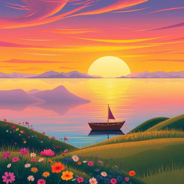 A vibrant, stylized digital drawing of a serene coastal landscape at sunset, featuring a calm sea reflecting hues of orange, pink, and purple in the sky