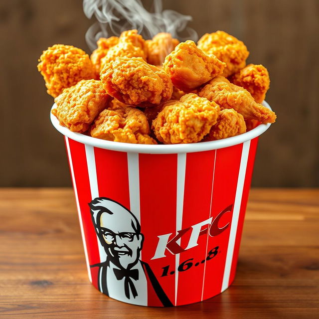 A bucket of freshly fried KFC-style chicken, filled to the brim with crispy, golden pieces of chicken