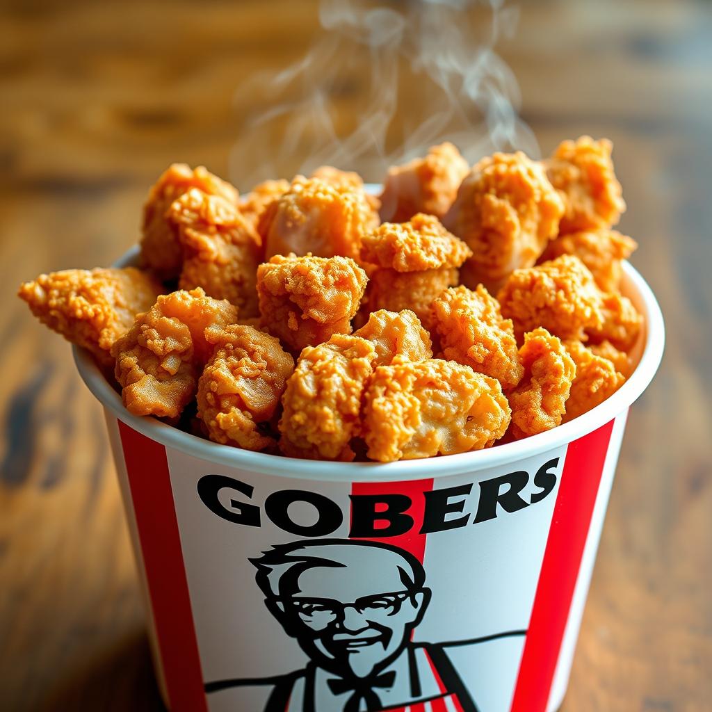 A bucket of freshly fried KFC-style chicken, filled to the brim with crispy, golden pieces of chicken