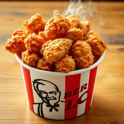 A bucket of freshly fried KFC-style chicken, filled to the brim with crispy, golden pieces of chicken