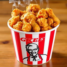 A bucket of freshly fried KFC-style chicken, filled to the brim with crispy, golden pieces of chicken