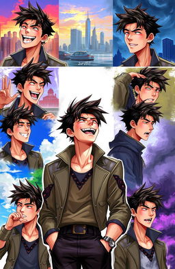 A digital painting featuring a male character exhibiting a range of emotions in different scenarios