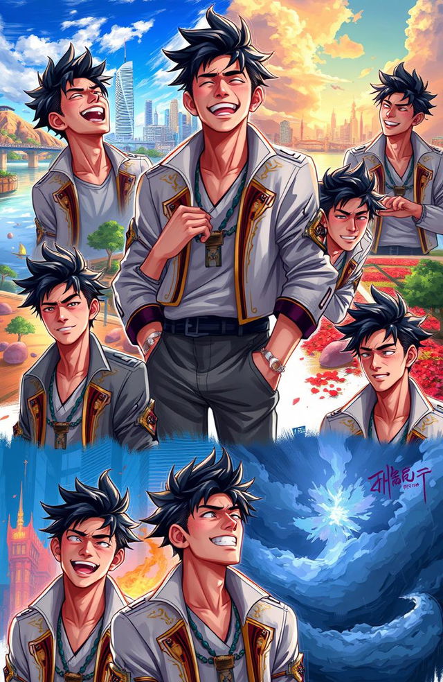 A digital painting featuring a male character exhibiting a range of emotions in different scenarios