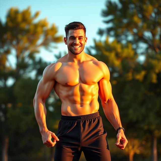 A fit, athletic version of a person, showcasing a toned physique with well-defined muscles, standing confidently in a dynamic pose outdoors