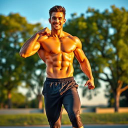 A fit, athletic version of a person, showcasing a toned physique with well-defined muscles, standing confidently in a dynamic pose outdoors
