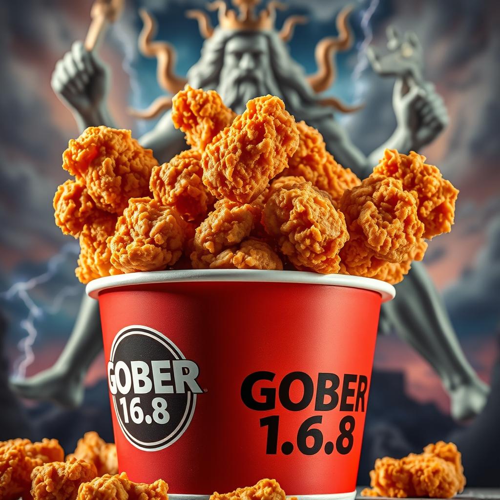 A bucket of crispy, golden brown fried chicken with the logo name 'GOBER 1