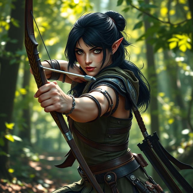 A high elf female ranger from Dungeons & Dragons, featuring dark hair and dark eyes