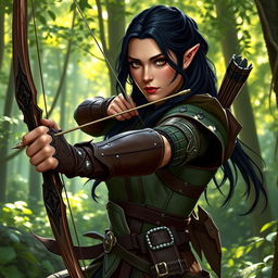 A high elf female ranger from Dungeons & Dragons, featuring dark hair and dark eyes