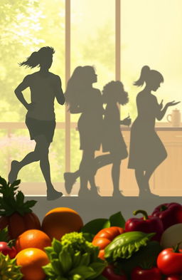 A digital painting depicting a shadowy silhouette of multiple characters engaged in health-conscious activities