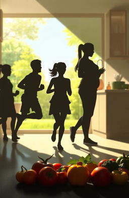 A digital painting depicting a shadowy silhouette of multiple characters engaged in health-conscious activities