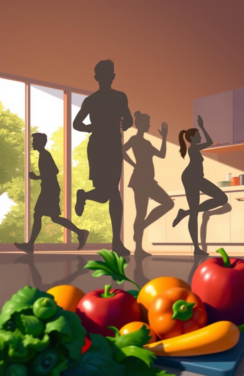 A digital painting depicting a shadowy silhouette of multiple characters engaged in health-conscious activities