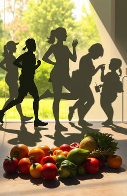 A digital painting depicting a shadowy silhouette of multiple characters engaged in health-conscious activities