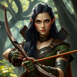 A high elf female ranger from Dungeons and Dragons, characterized by her elegant and ethereal features