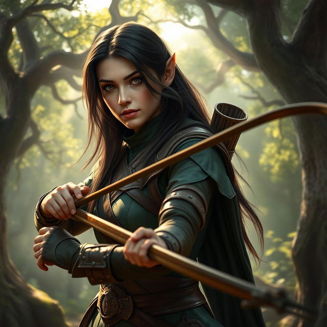 A high elf female ranger from Dungeons and Dragons, characterized by her elegant and ethereal features